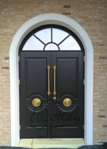 Drzwi dwuskrzydłowe drewniane model AMADEUSZ (płycina frezowana) + witryna łukowa 